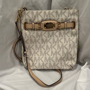 Michael Kors Beige Cream Signature MK Crossbody Bag with Gold Hardware